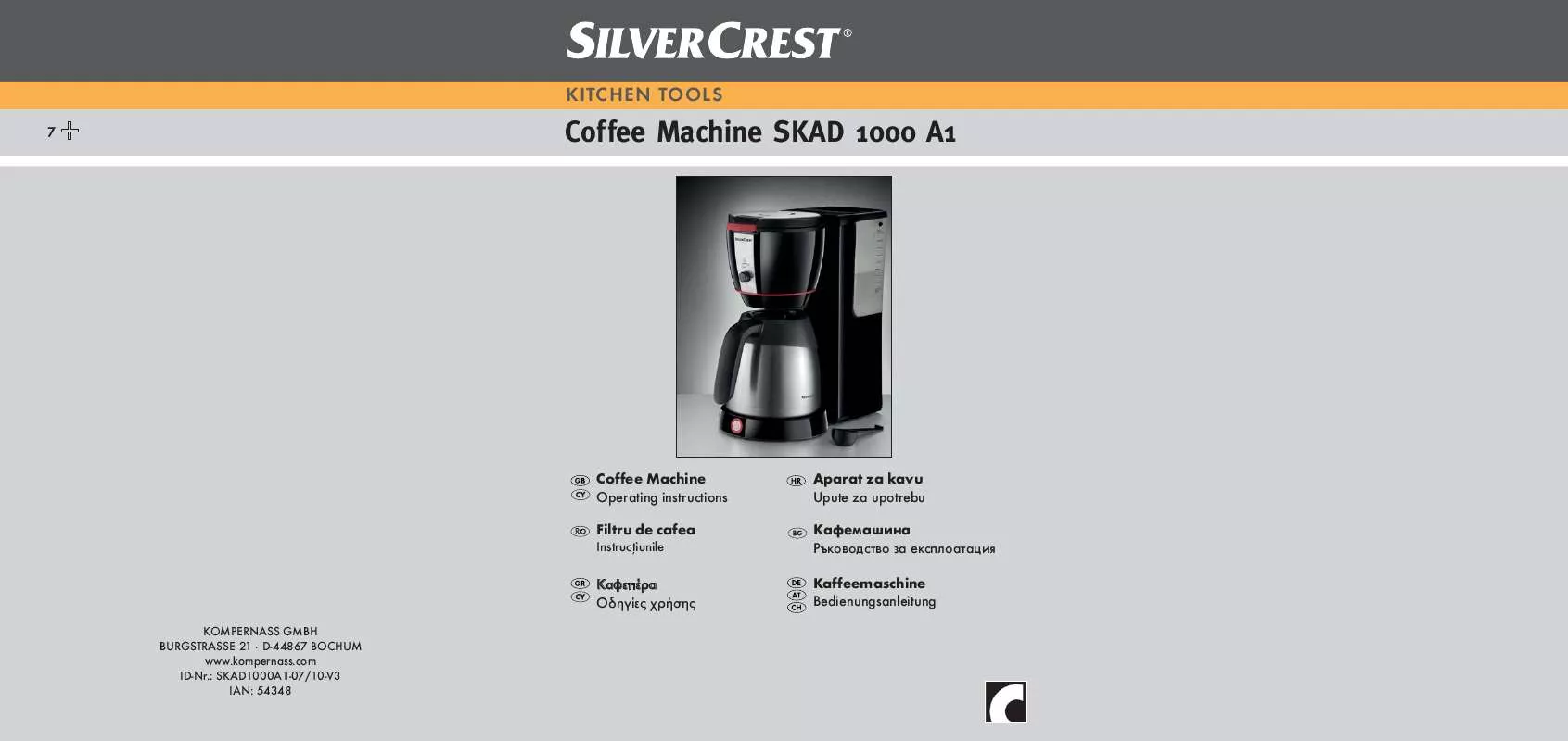 Mode d'emploi SILVERCREST SKAD 1000 A1 COFFEE MACHINE