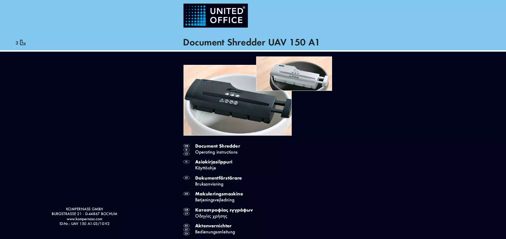 Mode d'emploi UNITED OFFICE UAV 150 A1 DOCUMENT SHREDDER